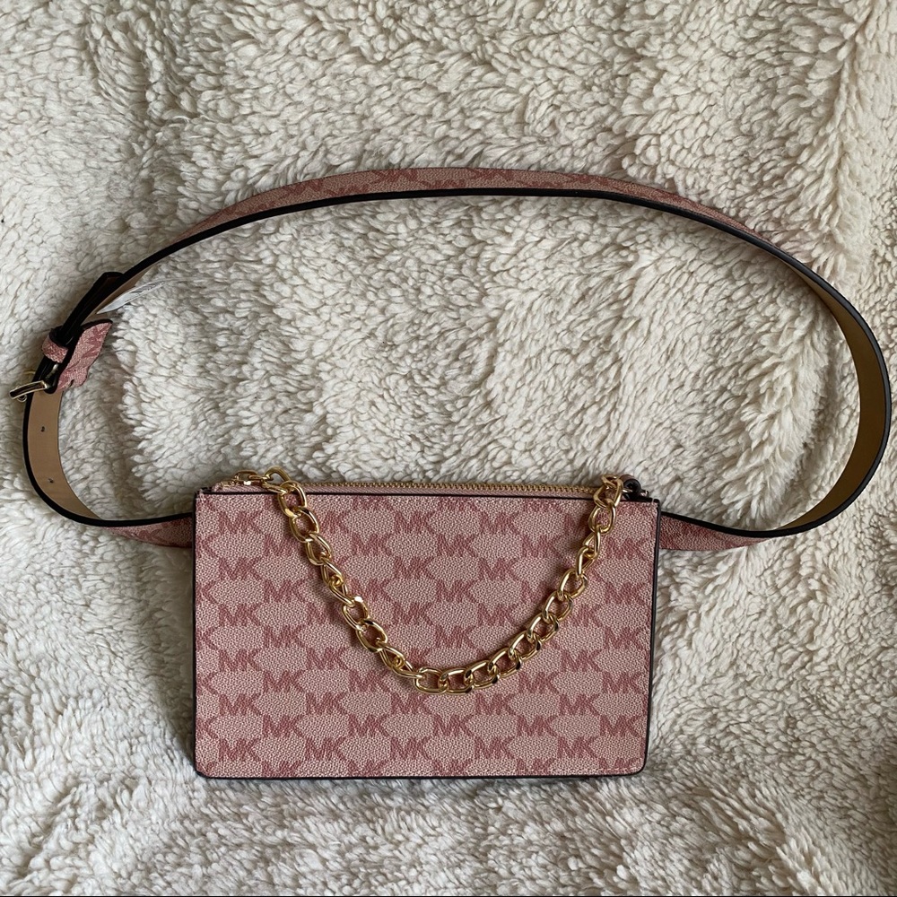 MICHAEL Michael Kors Pink Signature MK Logo Print Pull Chain Belt Bag Sz M